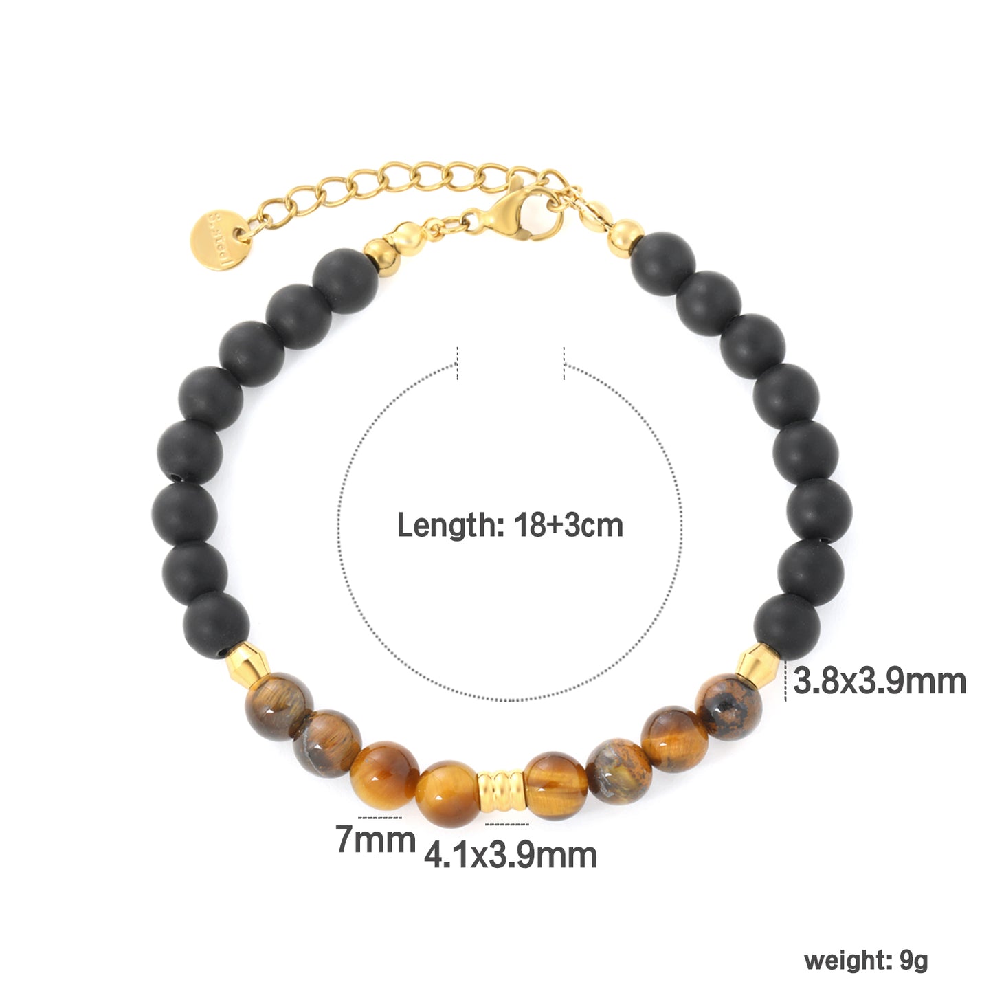Wholesale Waterproof PVD Tiger Eye Stone & Black Bead Bracelet