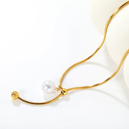 Bulk Waterproof PVD Gold Y-Shape Necklace with Pearl Drop Accent