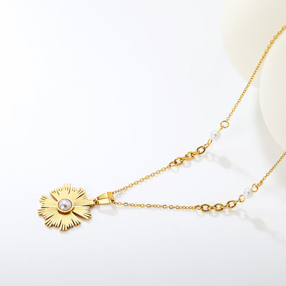 Wholesale Waterproof PVD Gold Sunflower Pendant Necklace CZ Center