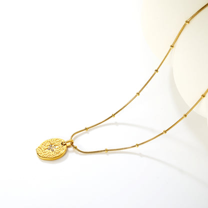 Bulk Waterproof PVD Gold Textured Oval Tag Necklace CZ Center