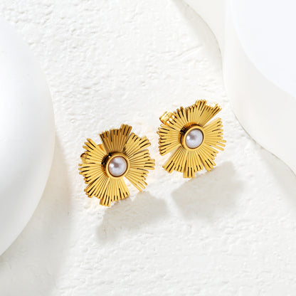 Bulk Waterproof PVD Gold Plated Sunburst Pearl Stud Earrings