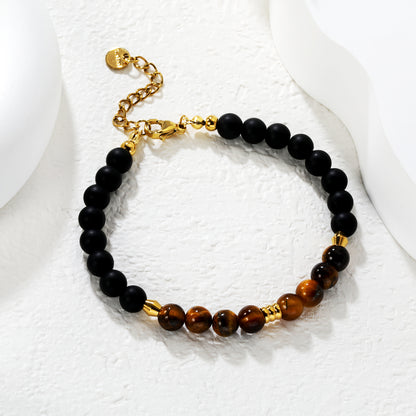 Wholesale Waterproof PVD Tiger Eye Stone & Black Bead Bracelet