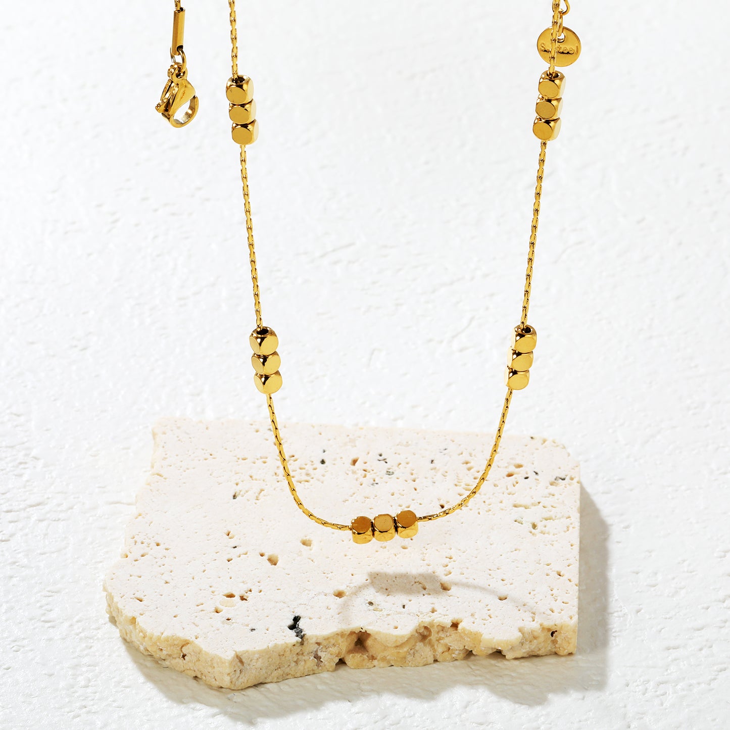 Bulk Waterproof PVD Gold Long Chain Necklace with Square Accents
