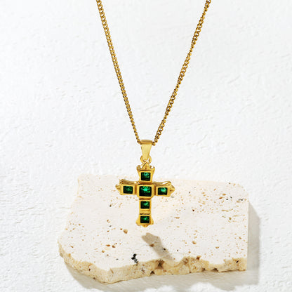 Wholesale Waterproof PVD Cross Necklace with Emerald CZ Stones
