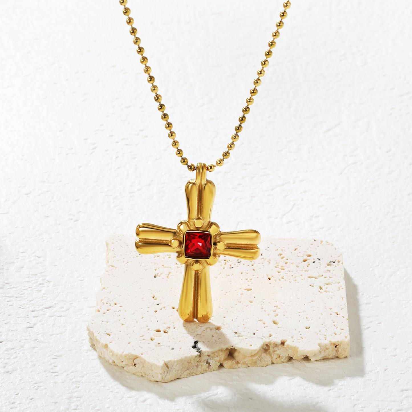 Vintage Red Stone Cross Pendant Stainless Steel Tarnish-Free