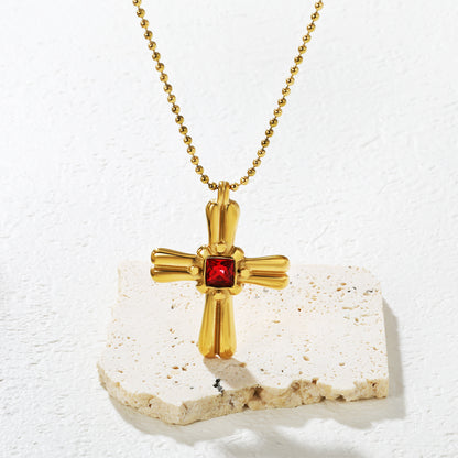 Vintage Red Stone Cross Pendant Stainless Steel Tarnish-Free