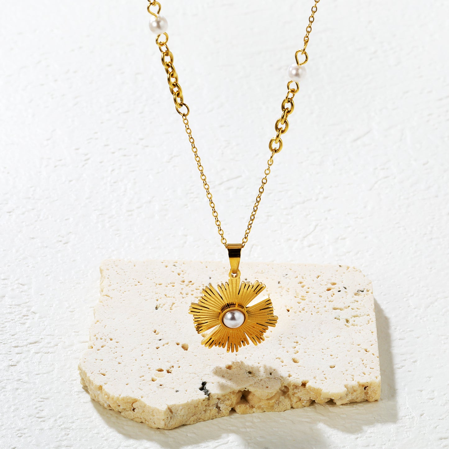 Wholesale Waterproof PVD Gold Sunflower Pendant Necklace CZ Center