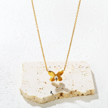 Wholesale Waterproof PVD Gold Plated 3D Butterfly Necklace CZ Stone