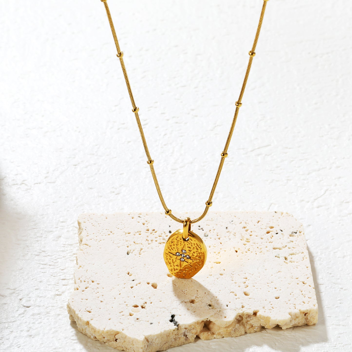 Bulk Waterproof PVD Gold Textured Oval Tag Necklace CZ Center