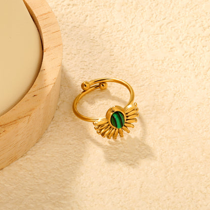 Wholesale Waterproof PVD Gold Malachite Sunflower Open Ring