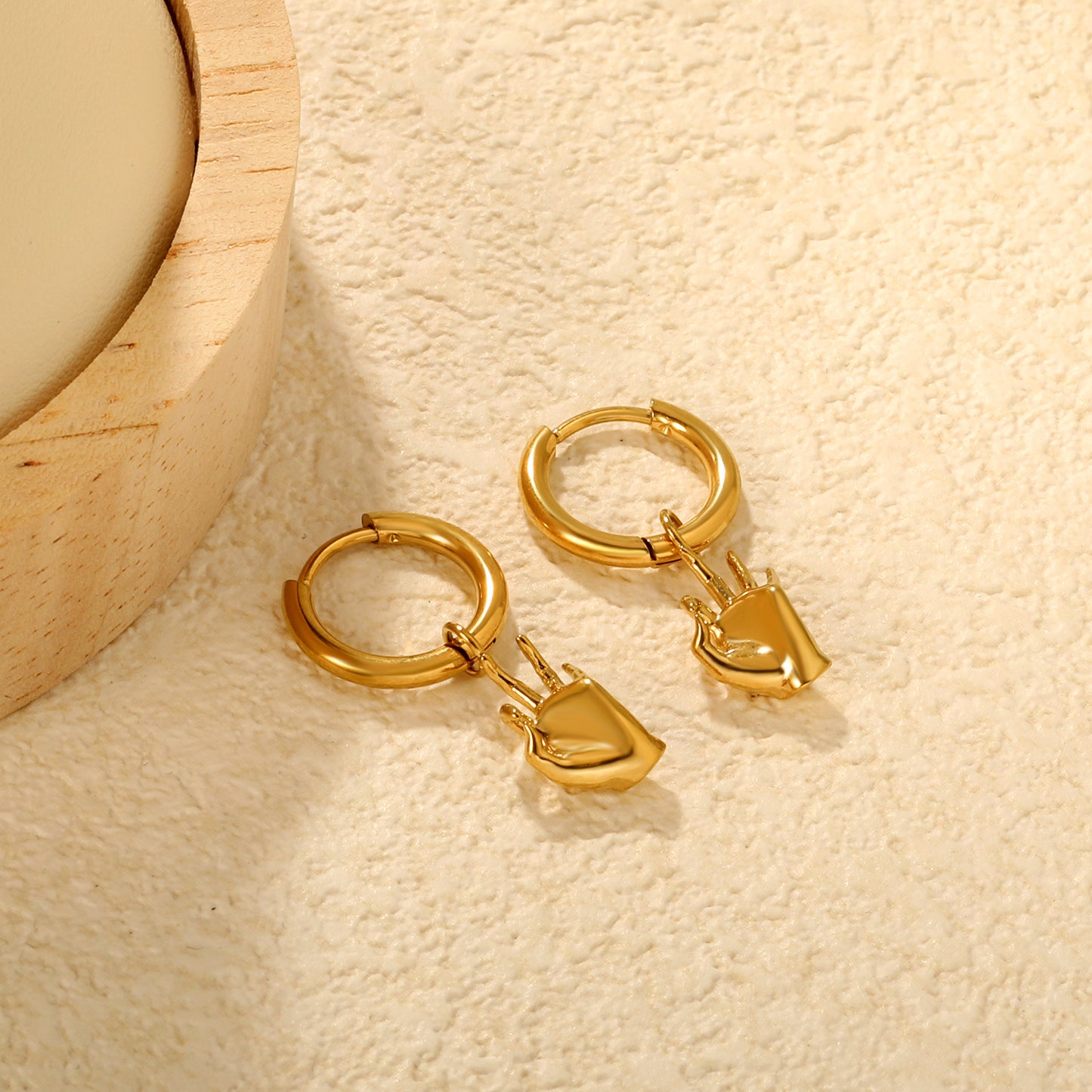 Bulk PVD Gold Sculpted Peace Sign Gesture Charm Hoop Earrings