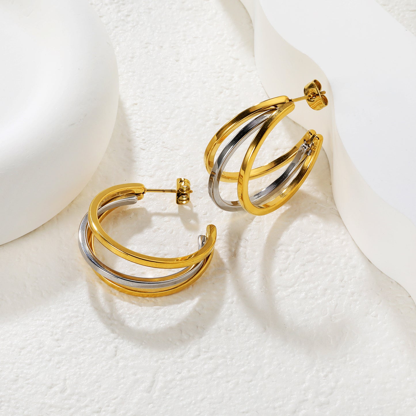 Bulk Waterproof PVD Gold & Rhodium Two-Tone Circle Earrings