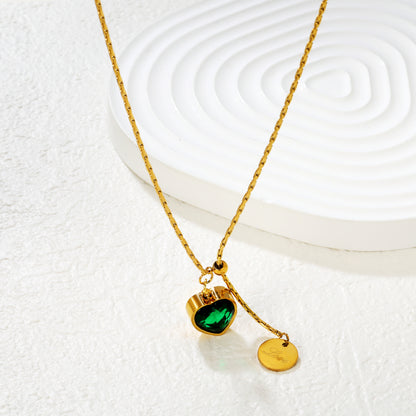 Wholesale Waterproof PVD Gold Green Heart Zircon Adjustable Necklace