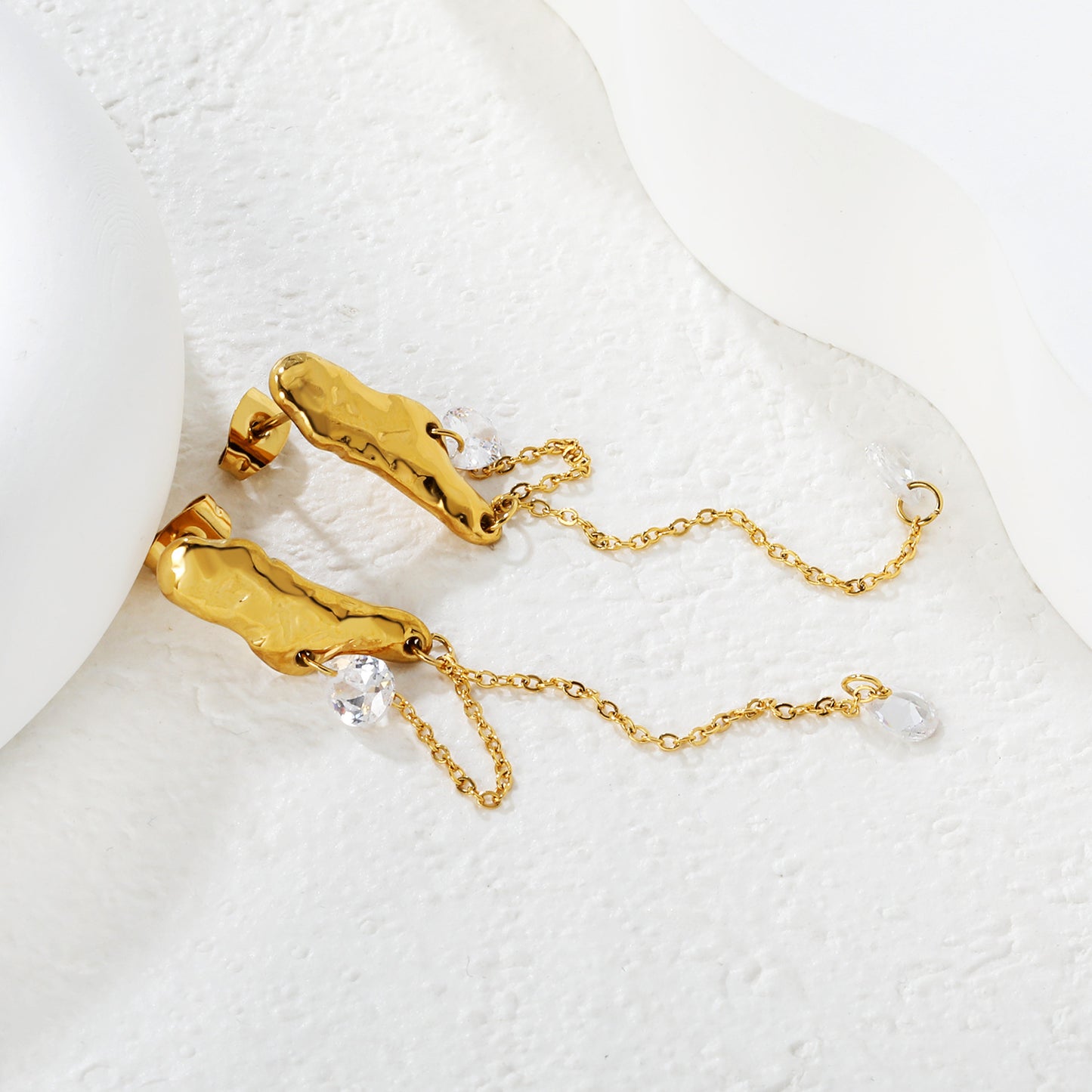 Stainless Steel Earrings | Hammered Zircon Tassel Dangle