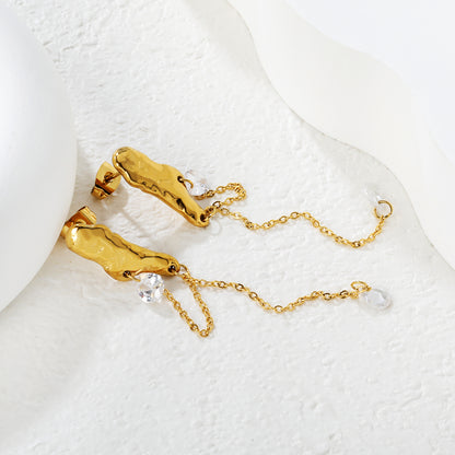 Stainless Steel Earrings | Hammered Zircon Tassel Dangle