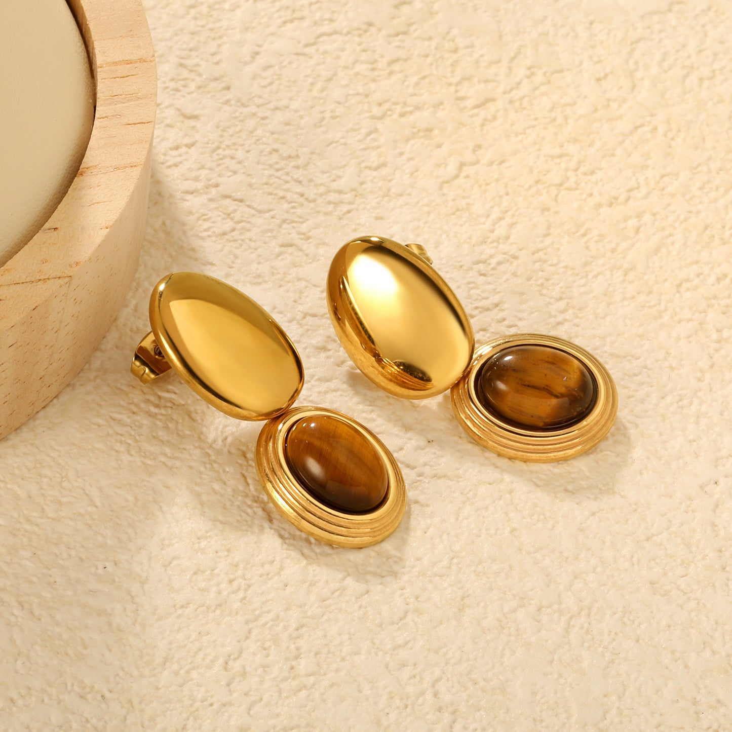 Wholesale Waterproof PVD Gold Double-Layer Tiger Eye Studs