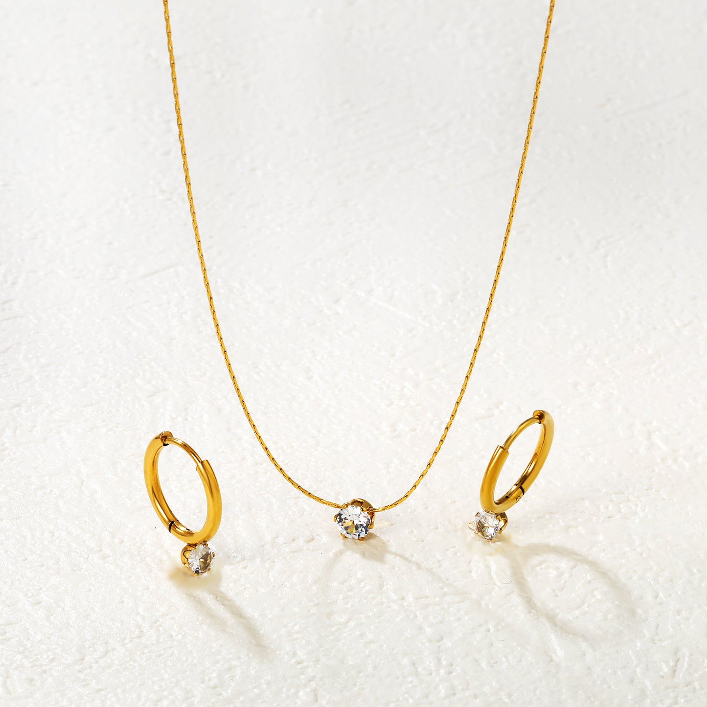 Bulk PVD Gold Solitaire Zircon Necklace & Pave CZ Huggie Set