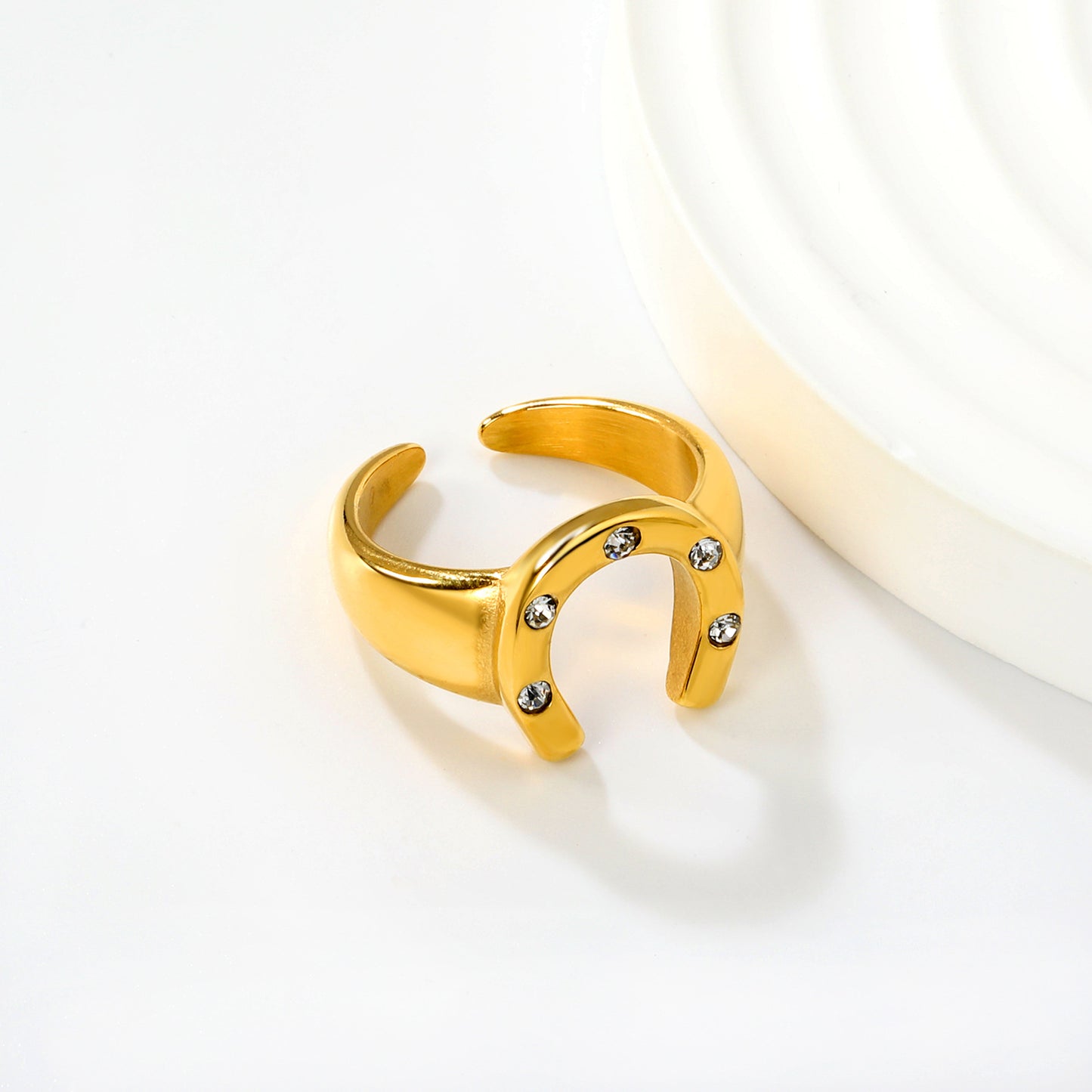 Lucky 304L Stainless Steel Horseshoe Ring | Waterproof Zircon Jewelry