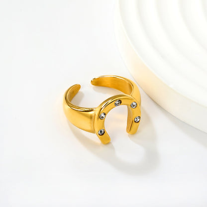 Lucky 304L Stainless Steel Horseshoe Ring | Waterproof Zircon Jewelry