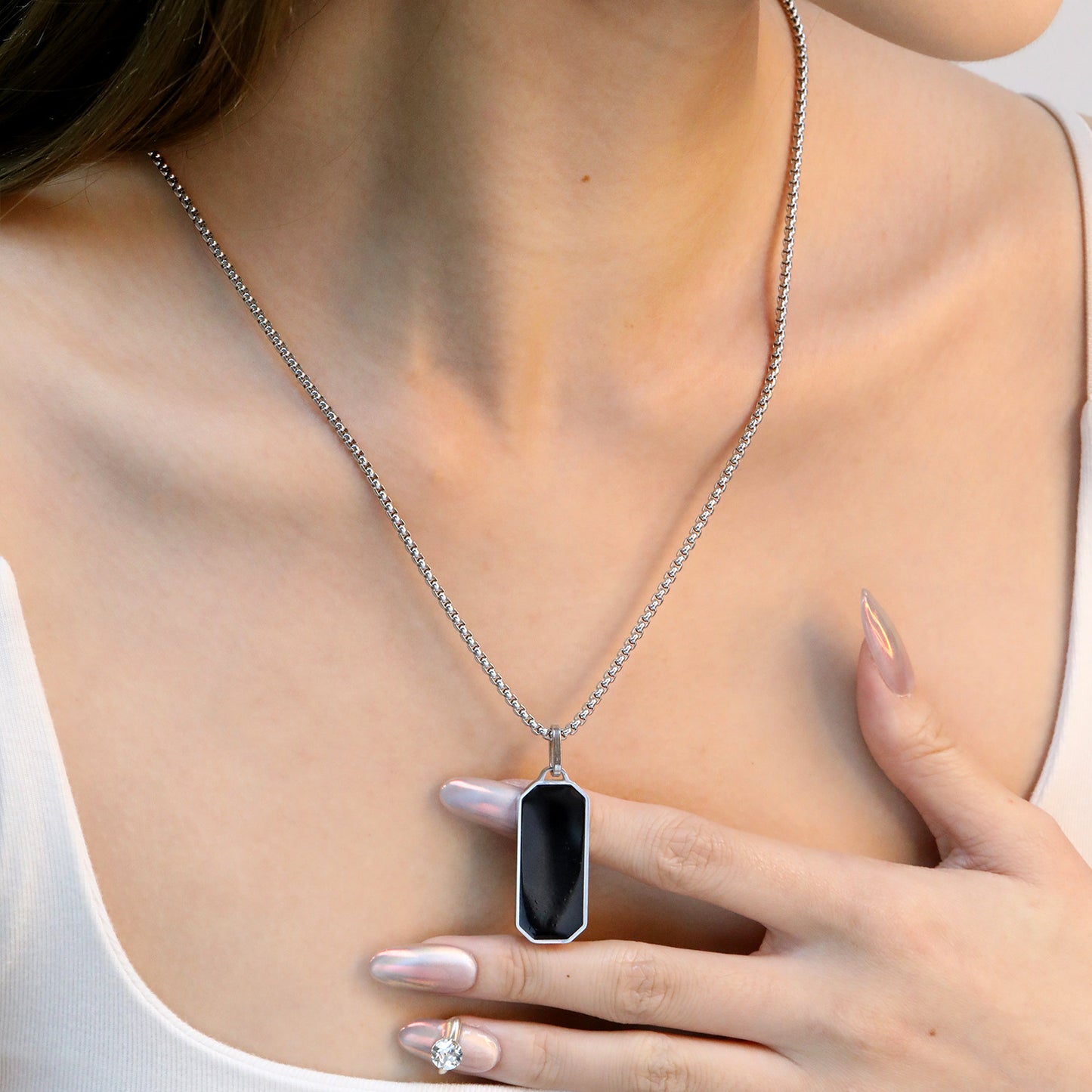Wholesale Waterproof Silver Sculpted Black Octagonal Dog Tag Necklace