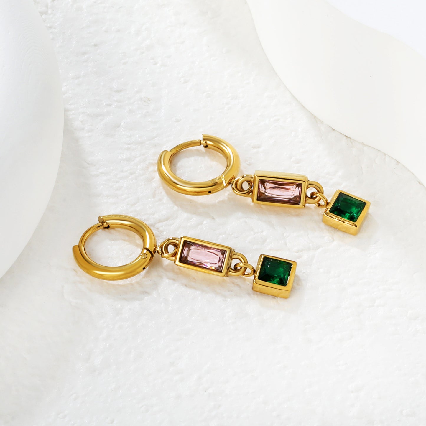 Stainless Steel Earrings | Pink & Green Zircon Square Hoops
