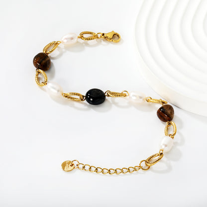 Exotic Natural Stone & Pearl Link Bracelet Stainless Steel Tarnish-Free