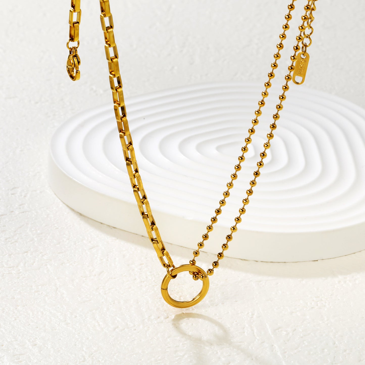 Minimalist Layered Rectangular & Bead Chain Necklace Stainless Steel