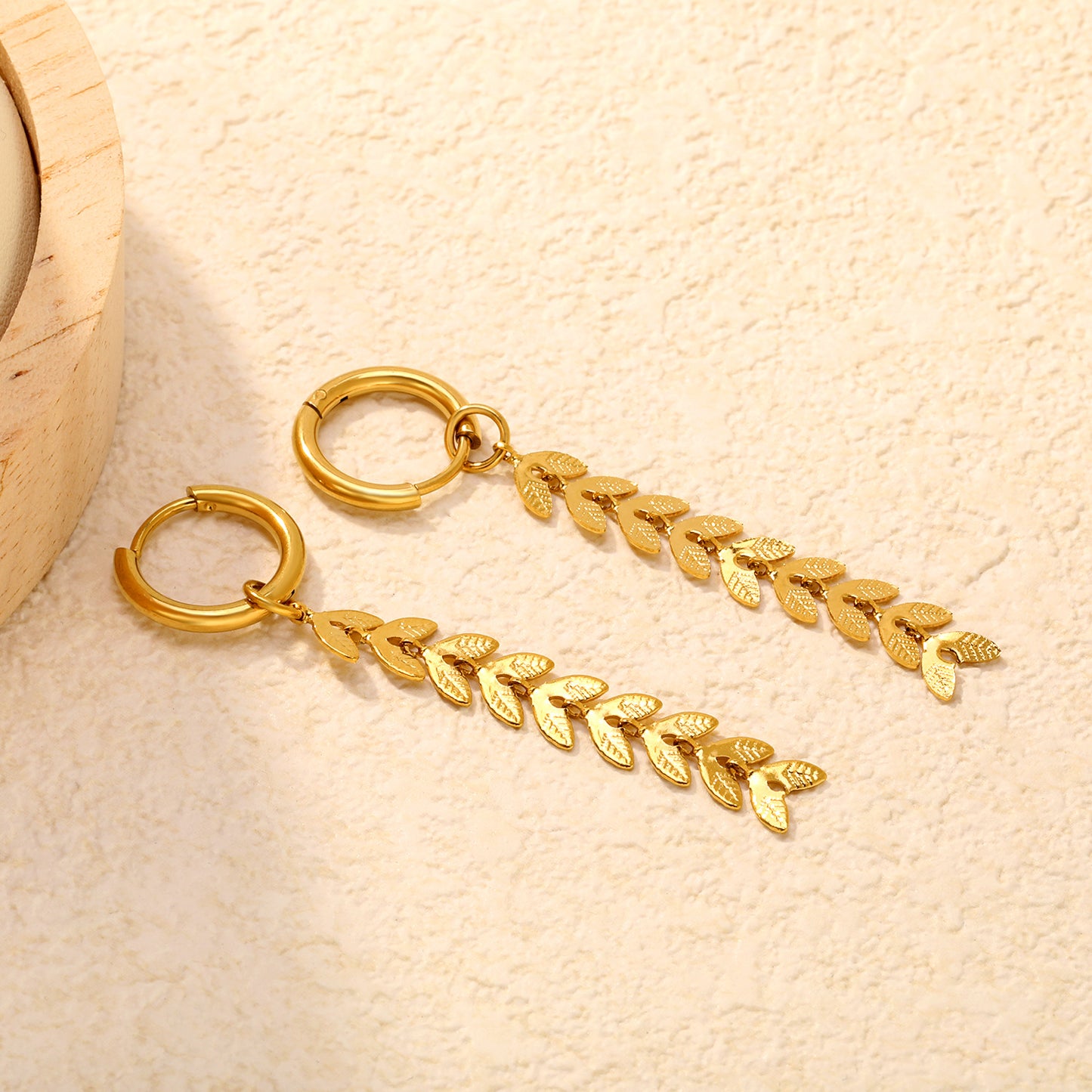 Wholesale Stainless Steel Wheat Earrings | Leaf Texture Hoops Bulk