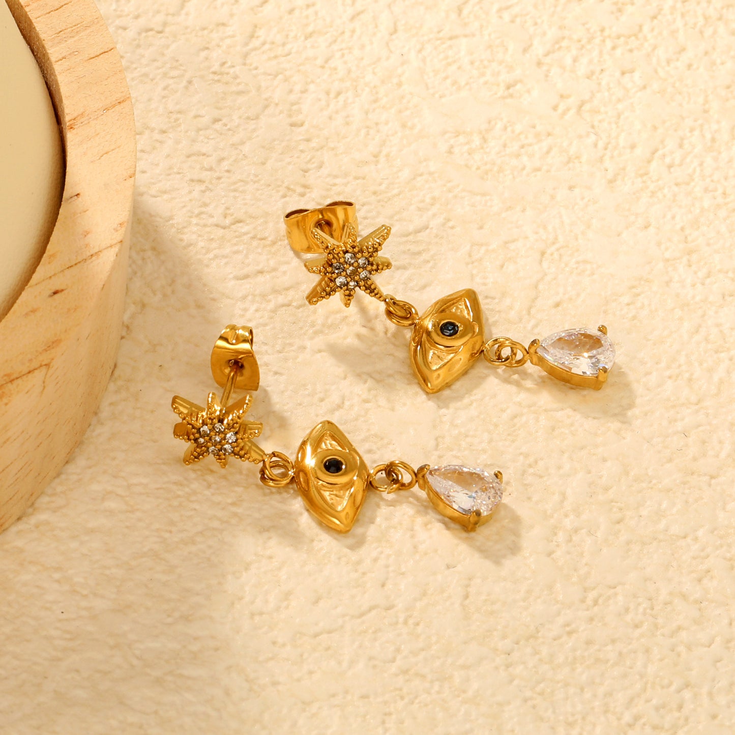Bulk PVD Gold Sculpted Evil Eye, Starburst & Droplet Earrings