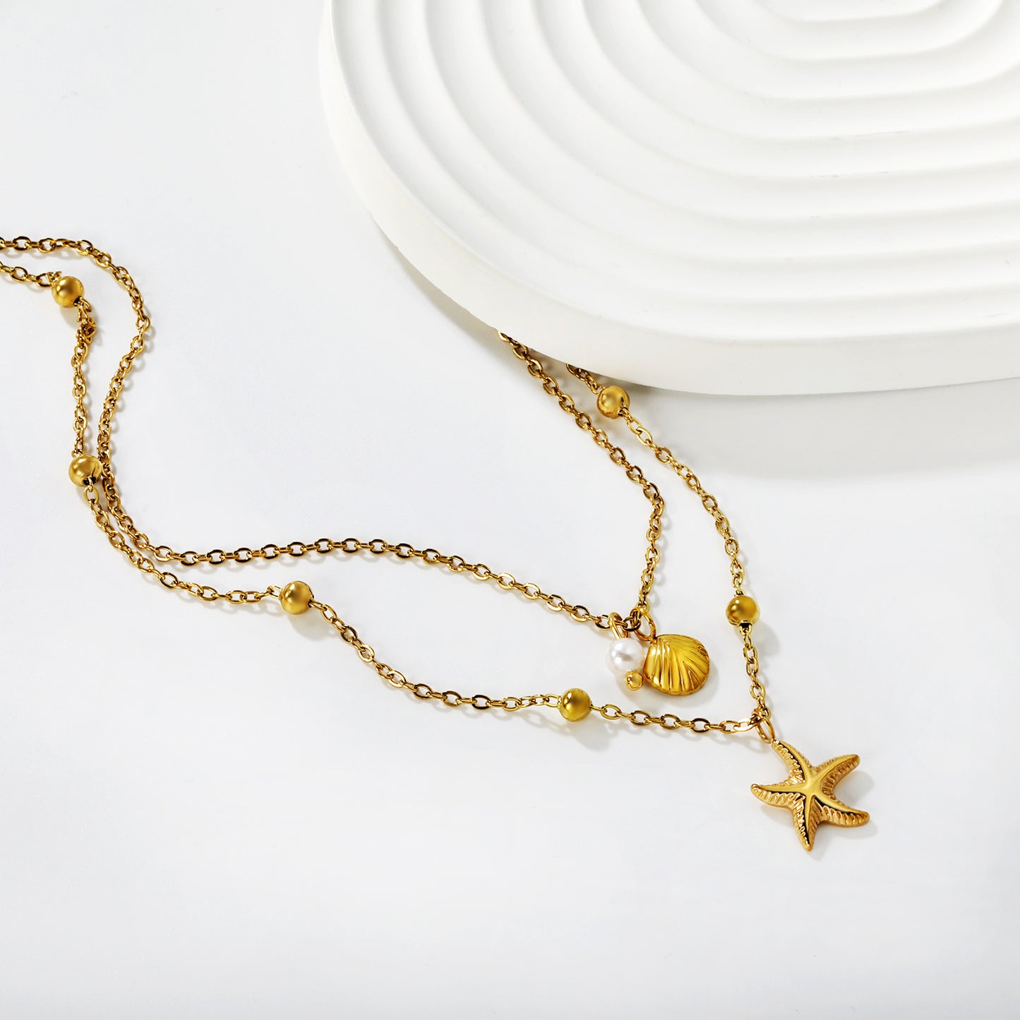Wholesale Waterproof PVD Gold Pre-Layered Starfish & Disk Necklace