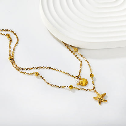 Wholesale Waterproof PVD Gold Pre-Layered Starfish & Disk Necklace