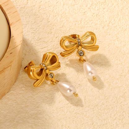 Bulk PVD Gold Sculpted Bowknot & Shell Pearl Drop Studs
