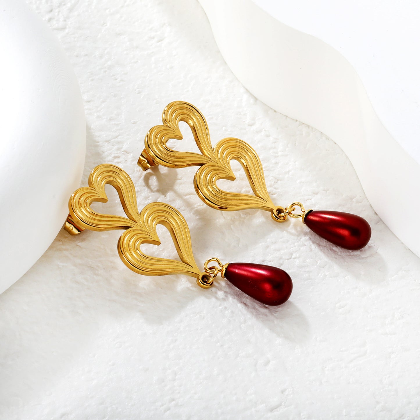 Bulk Stainless Steel Pearl Earrings | Red Drop Heart Studs