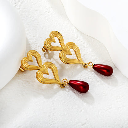 Bulk Stainless Steel Pearl Earrings | Red Drop Heart Studs