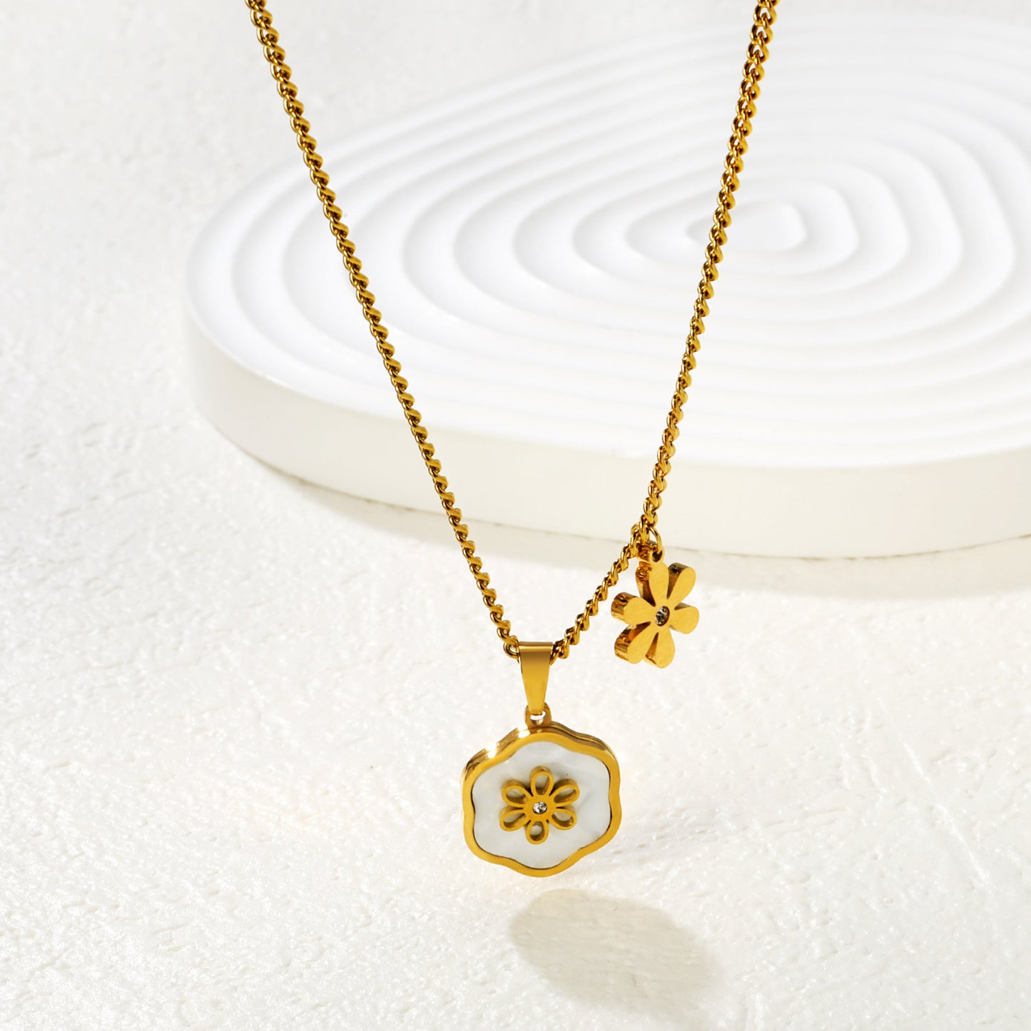 Bulk PVD Gold Sculpted White Flower & Shell Pearl Side-Drop Necklace