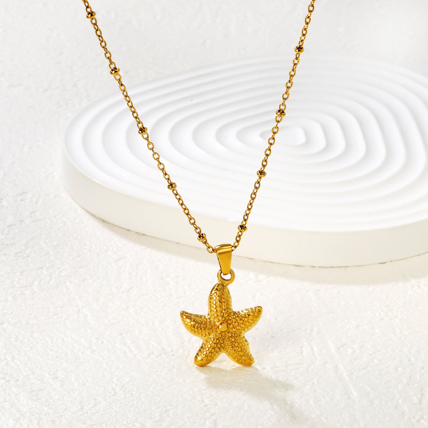 Bulk PVD Gold Sculpted Starfish Texture Bead Chain Necklace