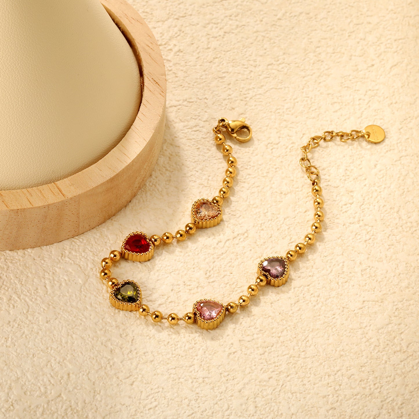 Bulk PVD Gold Colorful Heart Zircon Bead Bracelet Waterproof