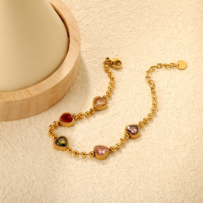Bulk PVD Gold Colorful Heart Zircon Bead Bracelet Waterproof