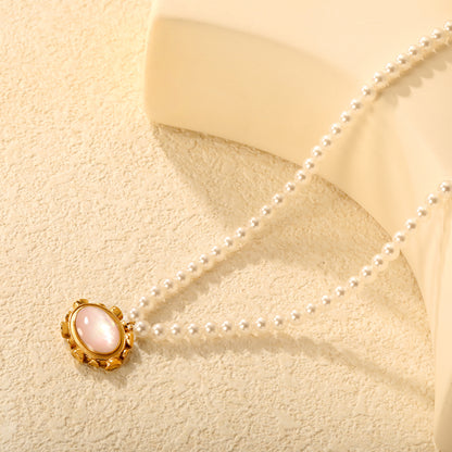 Wholesale 304L Stainless Steel Pink Shell Pearl Necklace