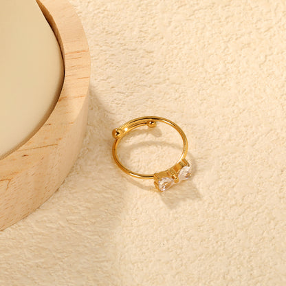 Wholesale Waterproof PVD Gold Double CZ Heart Dainty Open Ring