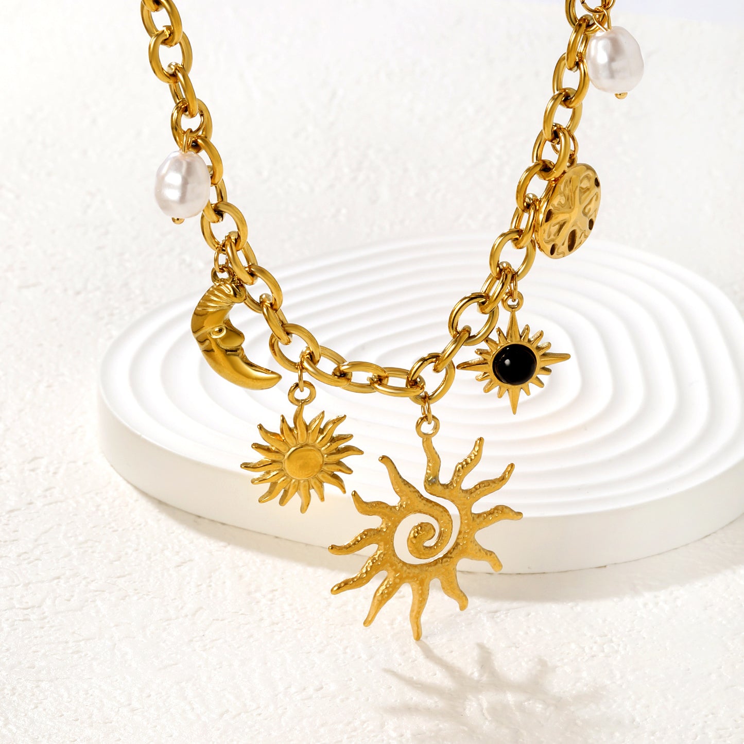 Boho-Chic Cuban Chain with Celestial Charms & Pearls Stainless Steel