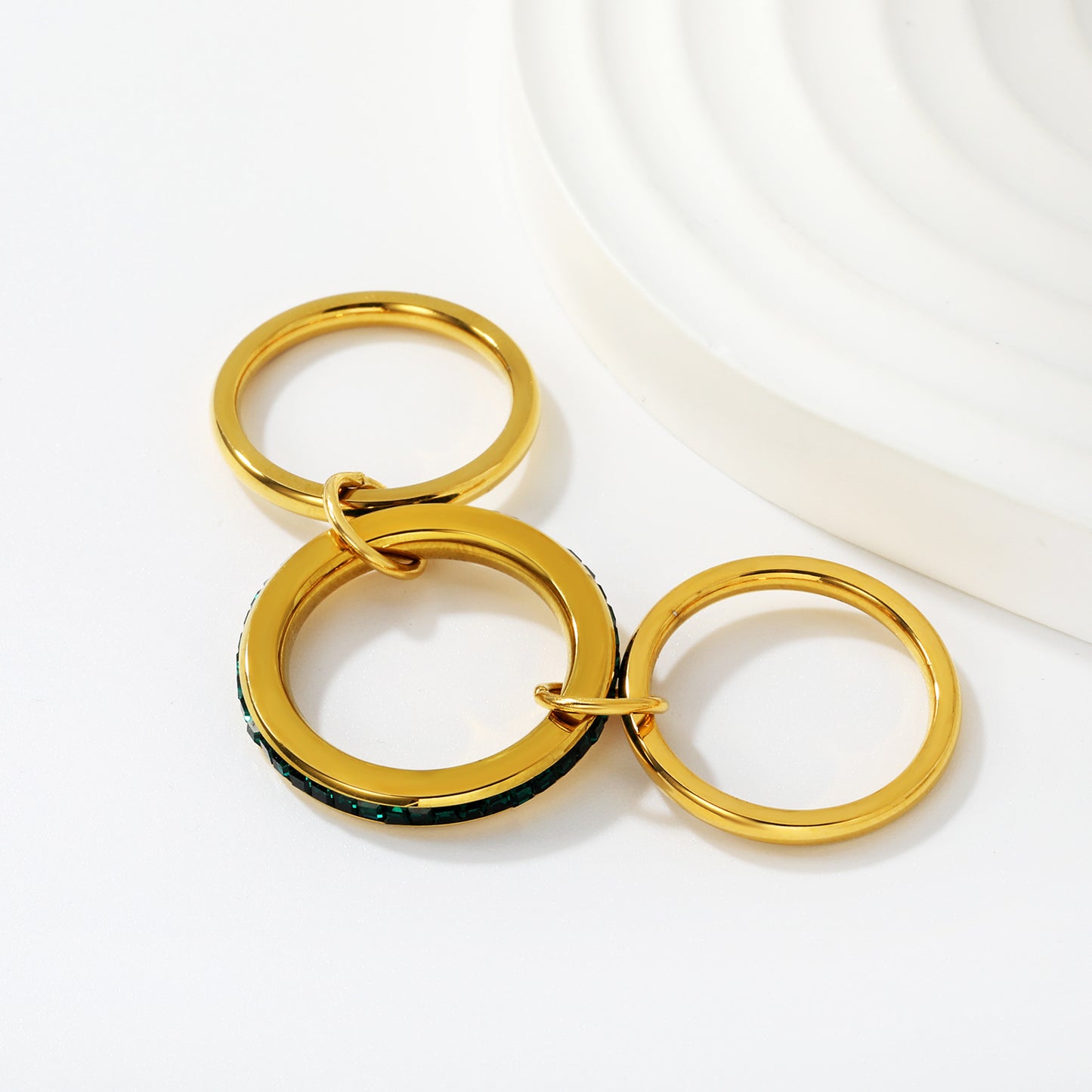 Statement Three-Layer Ring 304L Steel Gold Plated Square CZ Closed Band