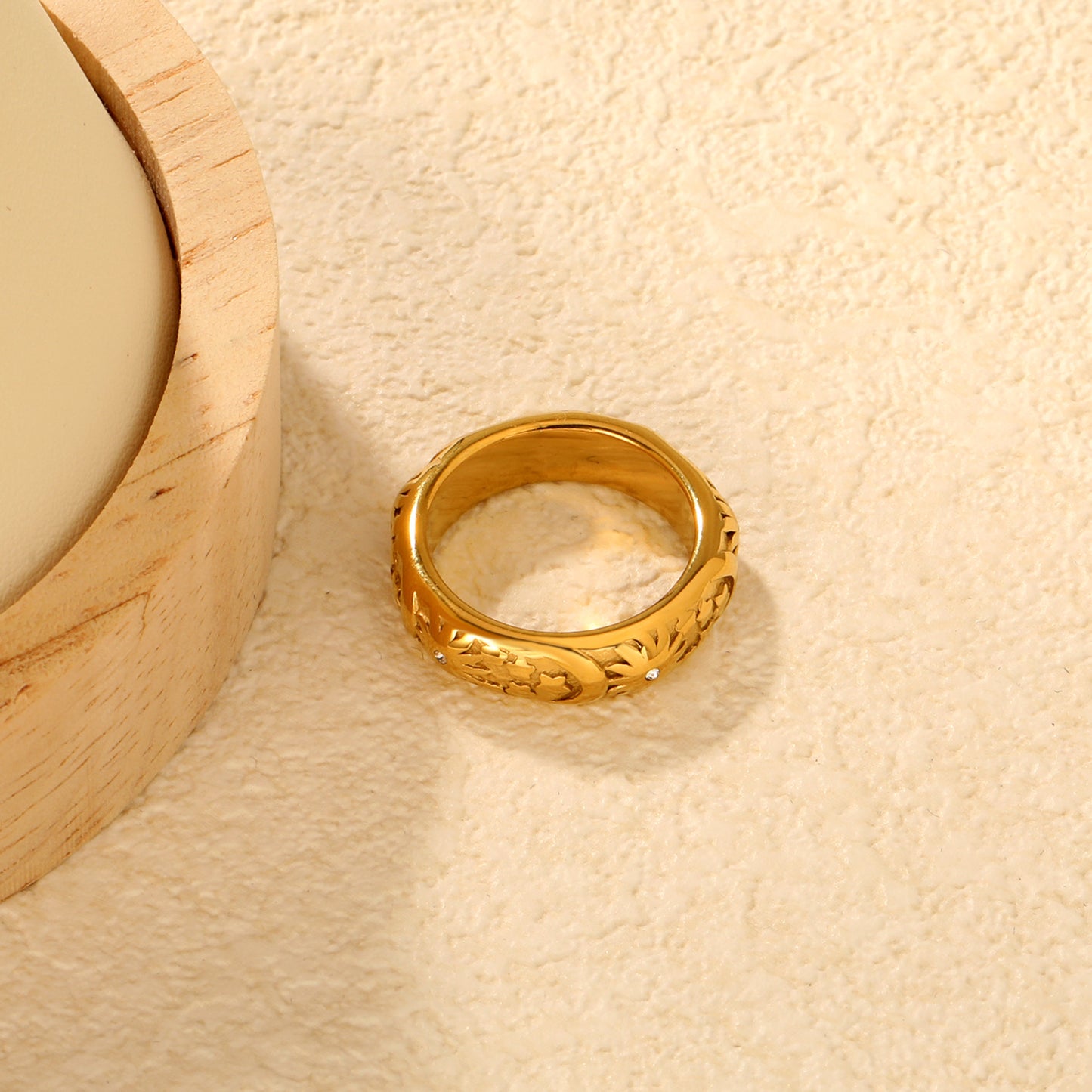 Bulk PVD Gold Sculpted Hollow Pattern Zircon Statement Ring