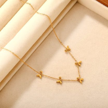Wholesale Waterproof PVD Gold Sculpted Leaf & Bead Station Necklace