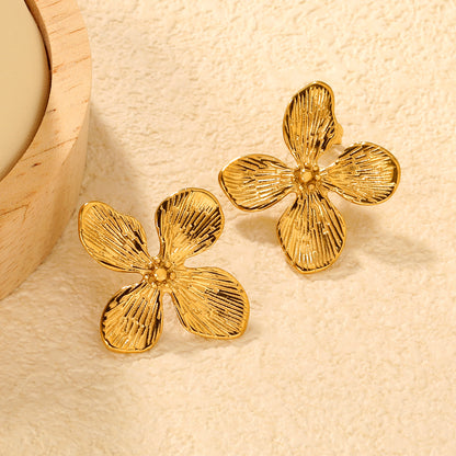 Bulk PVD Gold Relief-Textured Sculpted Botanical Petal Earrings
