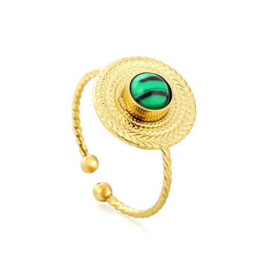 Wholesale Waterproof PVD Gold Sculpted Malachite Twist Open Ring