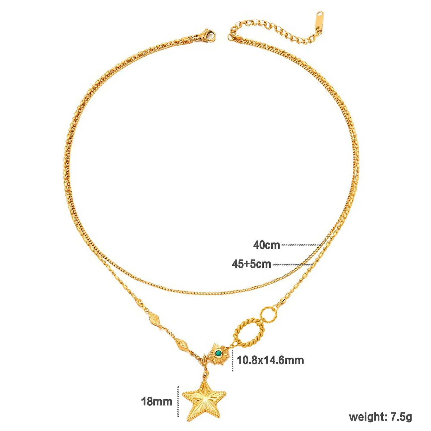 Wholesale Waterproof PVD Gold Emerald Zircon Starburst Layered Necklace
