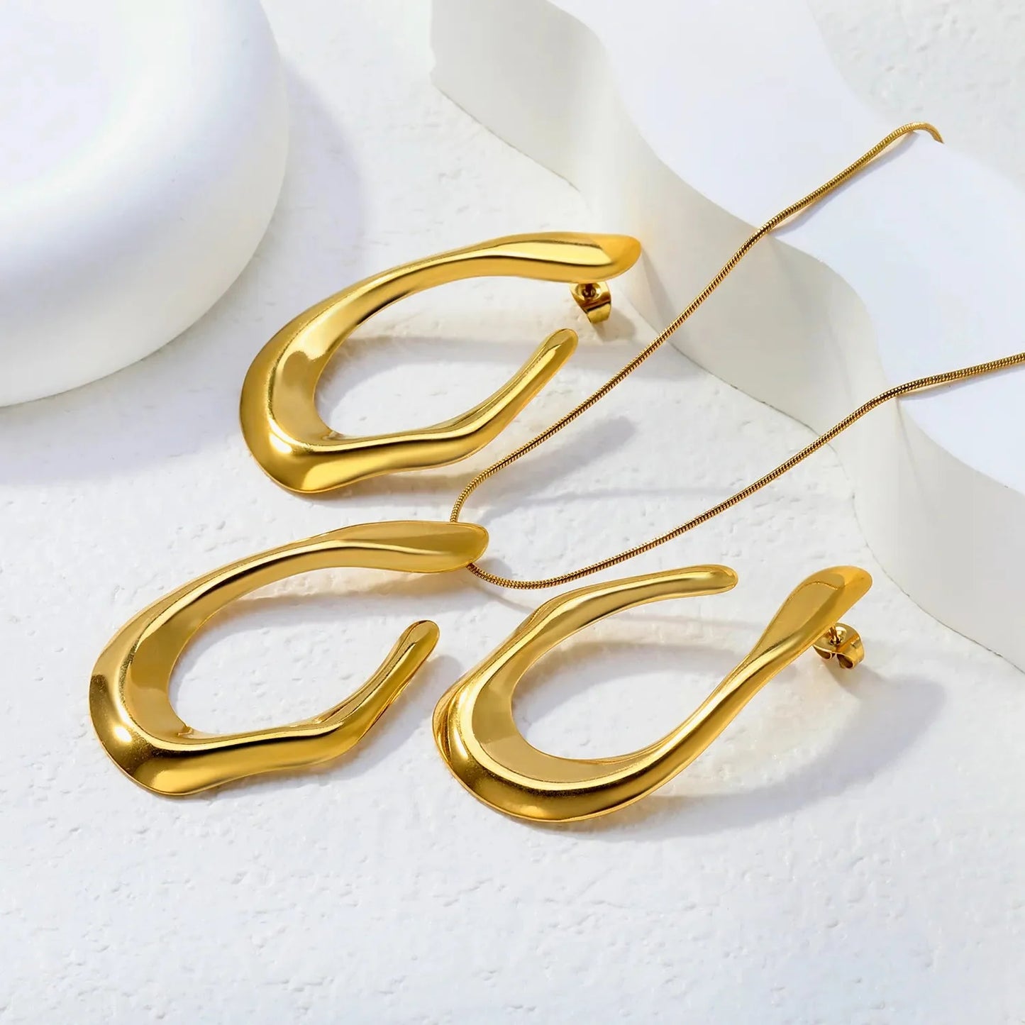 Minimalist Statement Jewelry Set 304L Steel Gold Irregular Teardrop Pendant & Earrings