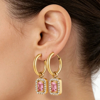 Tarnish-Free 304L Stainless Steel Earrings | Pink Square Halo Hoops