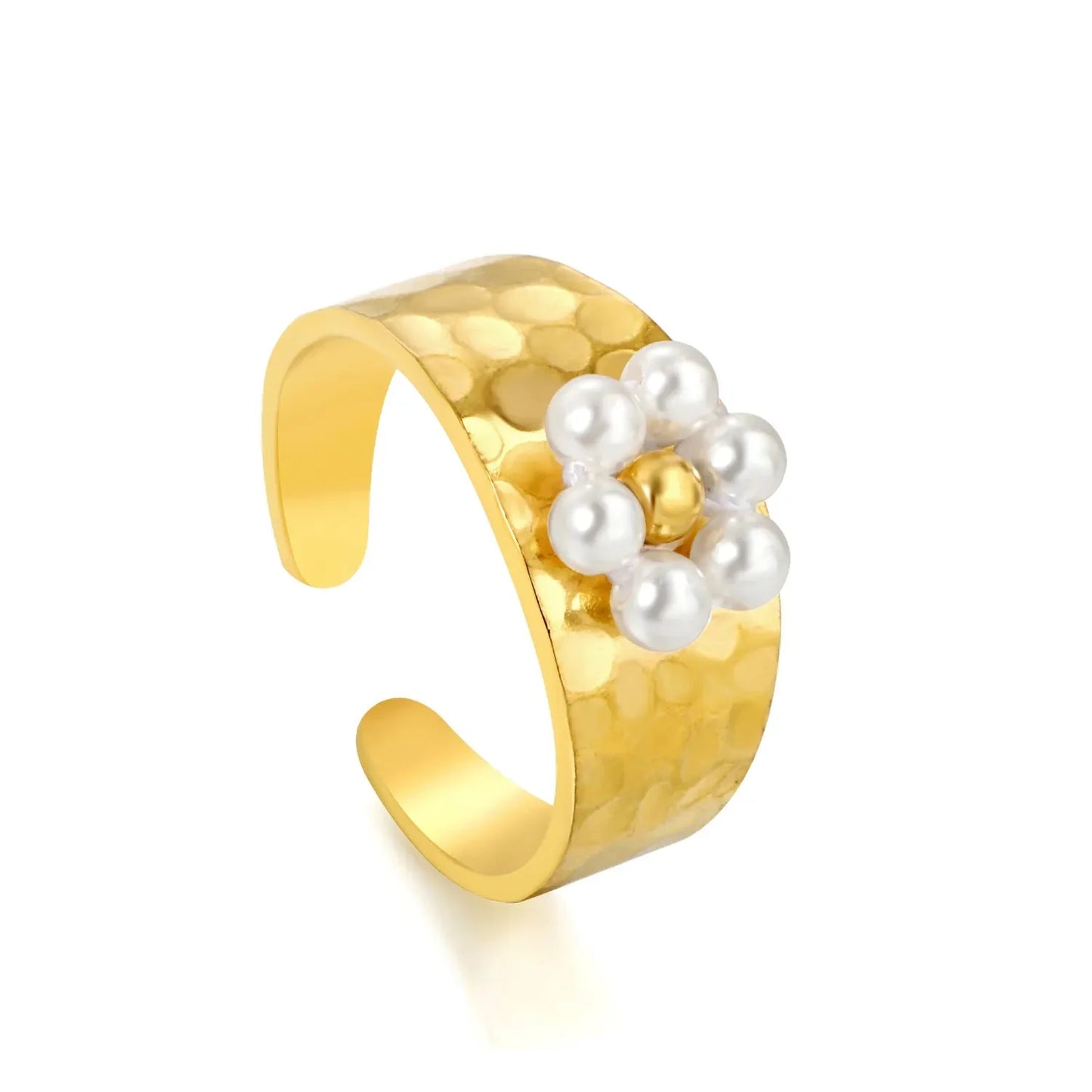Pearl Crystal Flower Ring Set 304L Stainless Steel Gold Adjustable